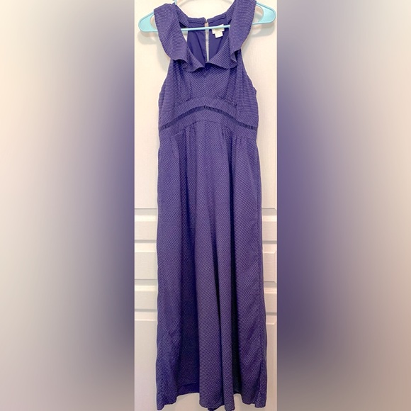 Anthropologie | Maeve Syros Ruffled Blue Pin Dot Flowing Wide Leg Jumpsuit - Picture 2 of 10